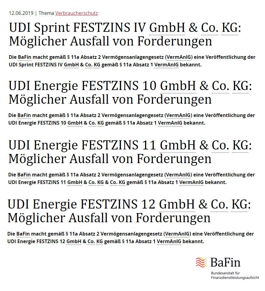 UDI FESTZINS GmbH & Co. KG: Möglicher Ausfall von Forderungen